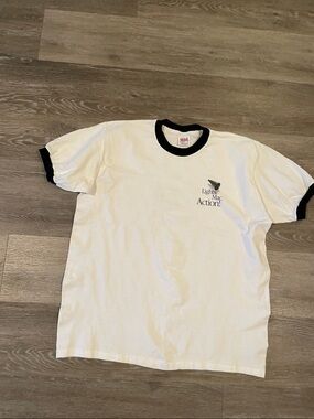 Anvil White Ringer T-Shirt with Black Trim - Lights, Mac, Action! Apple
